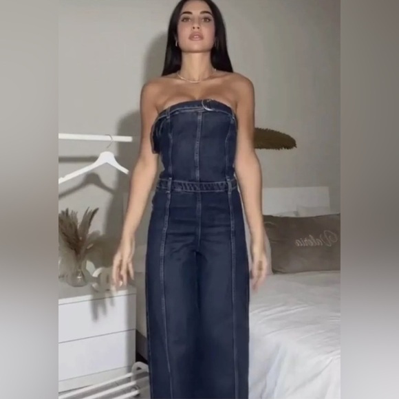 Zara STRAPLESS TRF DENIM JUMPSUIT. Navy Blue. Size M. New with Tags. - Picture 9 of 14